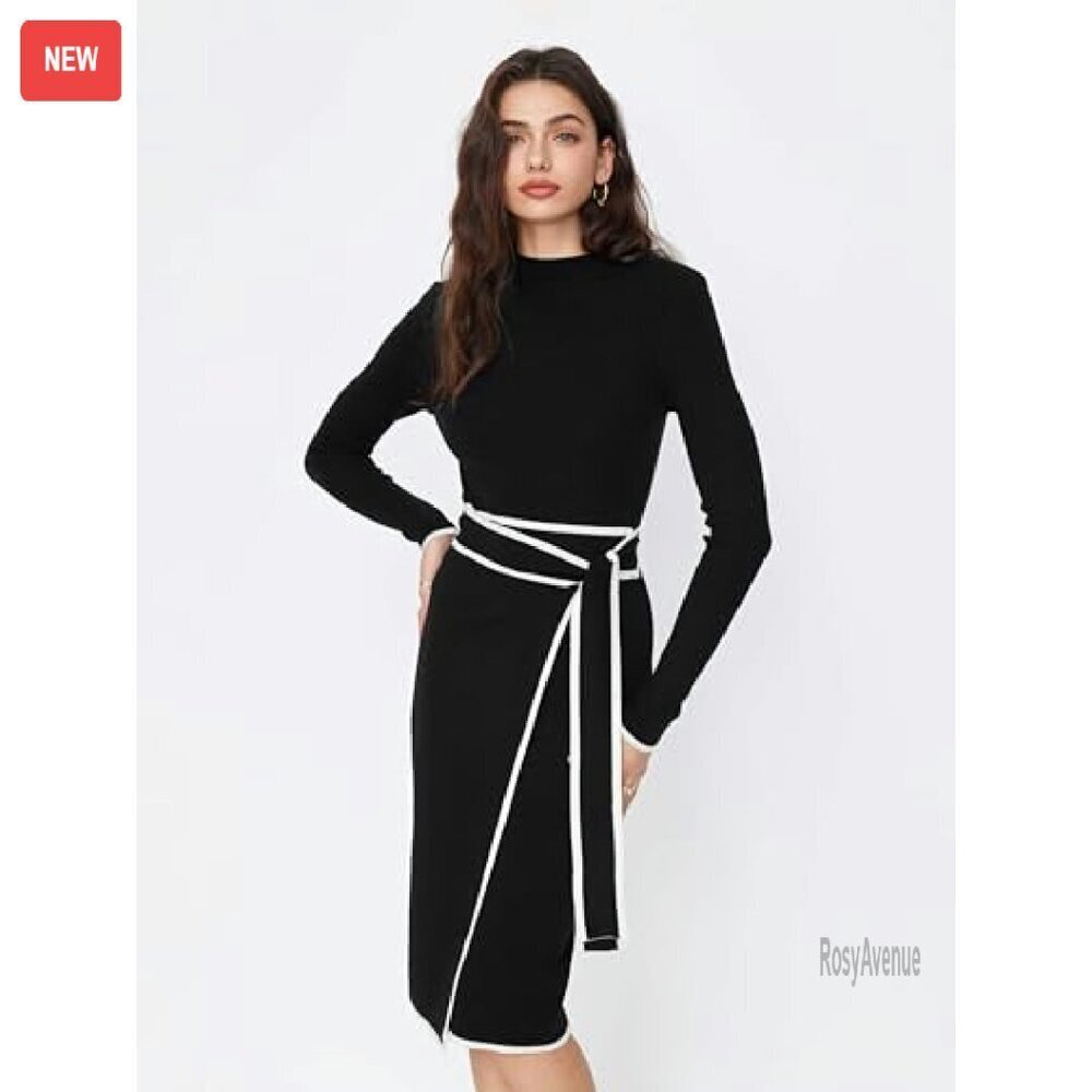 Long Sleeve Mock Turtleneck Sweater Dress Midi Work Dress Slim Fit - Picture 5 of 8